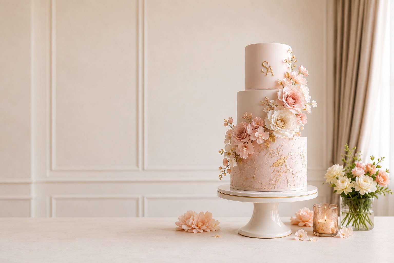 A three-tier blush pink celebration cake with cascading sugar flowers and a gold monogram, styled against a paneled wall with a lit candle and fresh flowers