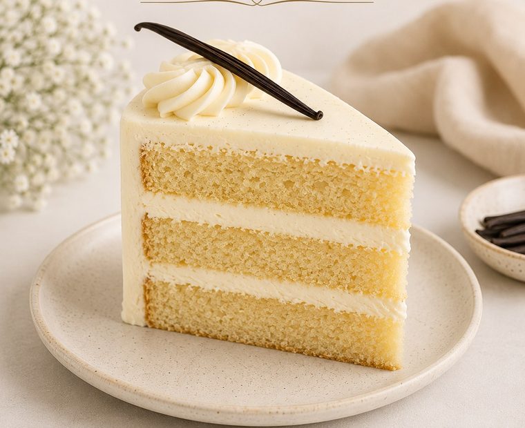 A slice of Vanilla Bean cake with vanilla bean fresh cream