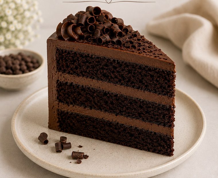 A slice of Chocolate Indulgence cake with dark chocolate ganache