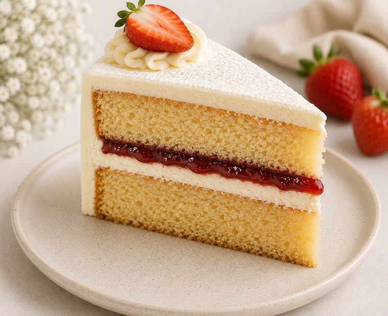 A slice of Victoria Sponge cake with raspberry jam and cream