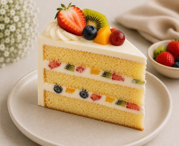 A slice of Fresh Fruit cake topped with strawberries, kiwi, and berries