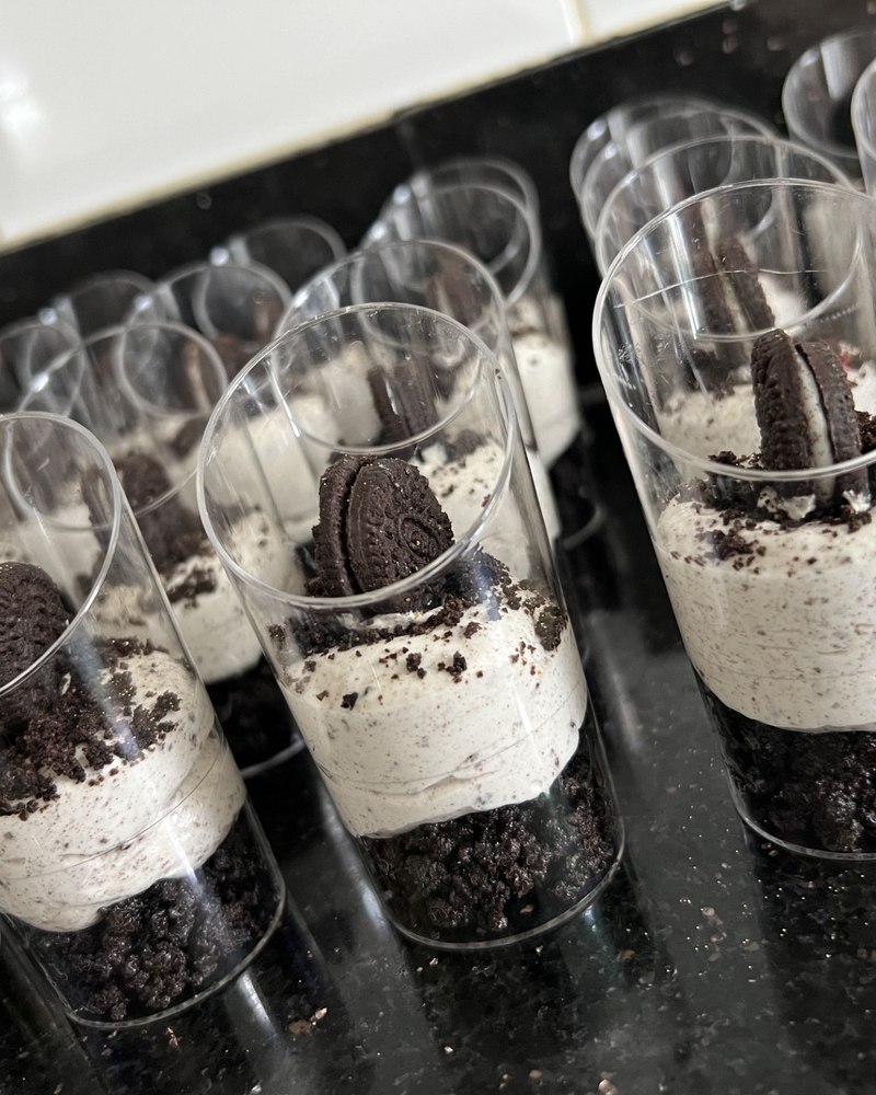 Oreo cookies and cream dessert cups with crushed biscuit base