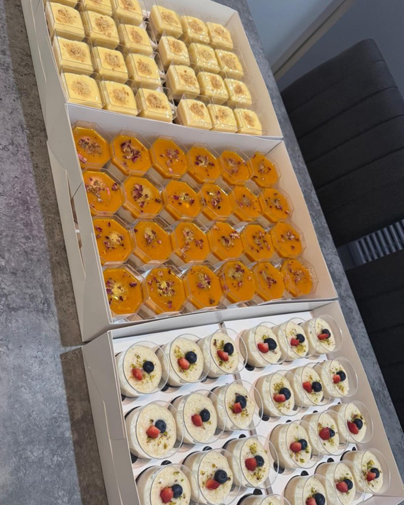 Milk cake, mango mousse and pistachio rice pudding dessert boxes