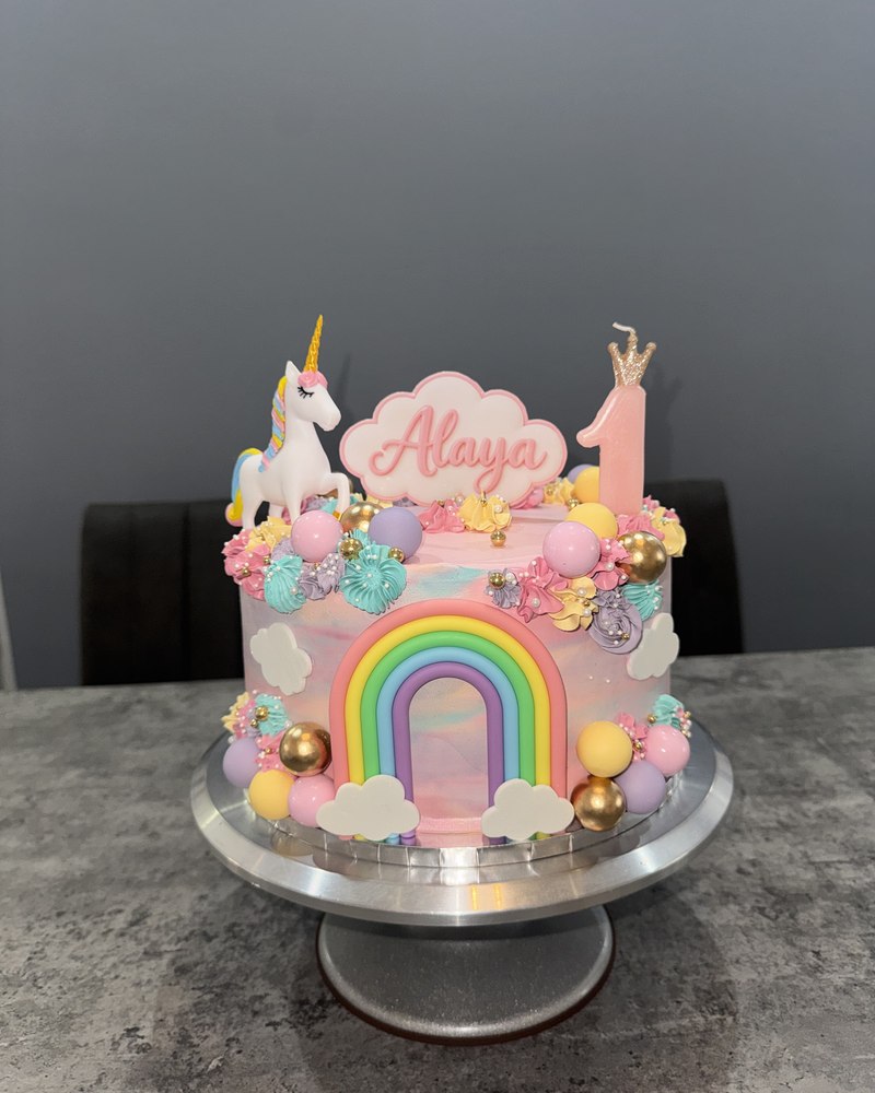 Unicorn and rainbow 1st birthday cake for Alaya